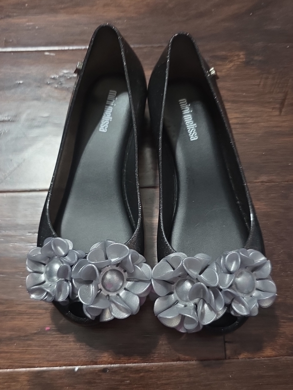 Mini Melissa Black Flats with Silver Flower Appliqués
